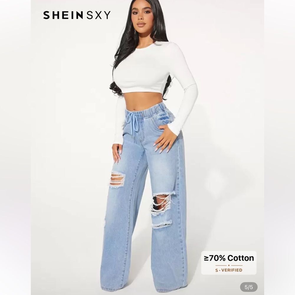 Drawstring Waist Ripped Wide Leg Jeans Large 8/10 - Picture 6 of 7